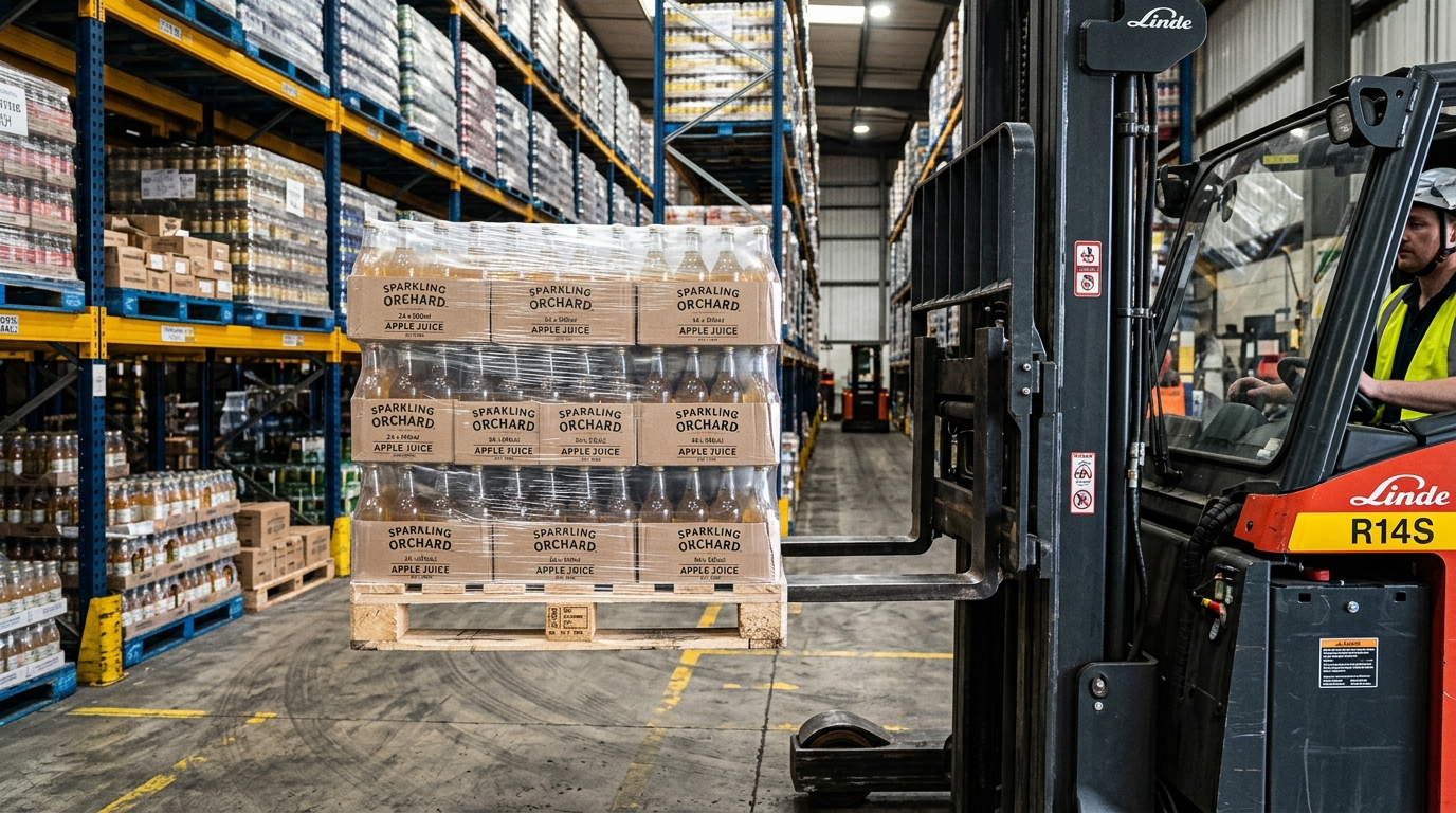 Precision high-bay pallet stacking of finished beverage products.