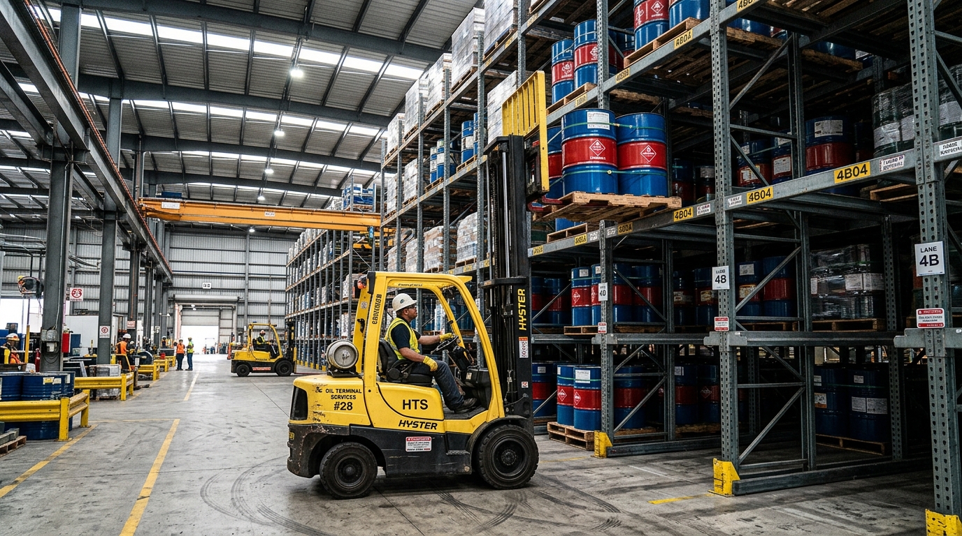 Heavy capacity forklift positioning industrial oil drum pallets into upper racking tiers.